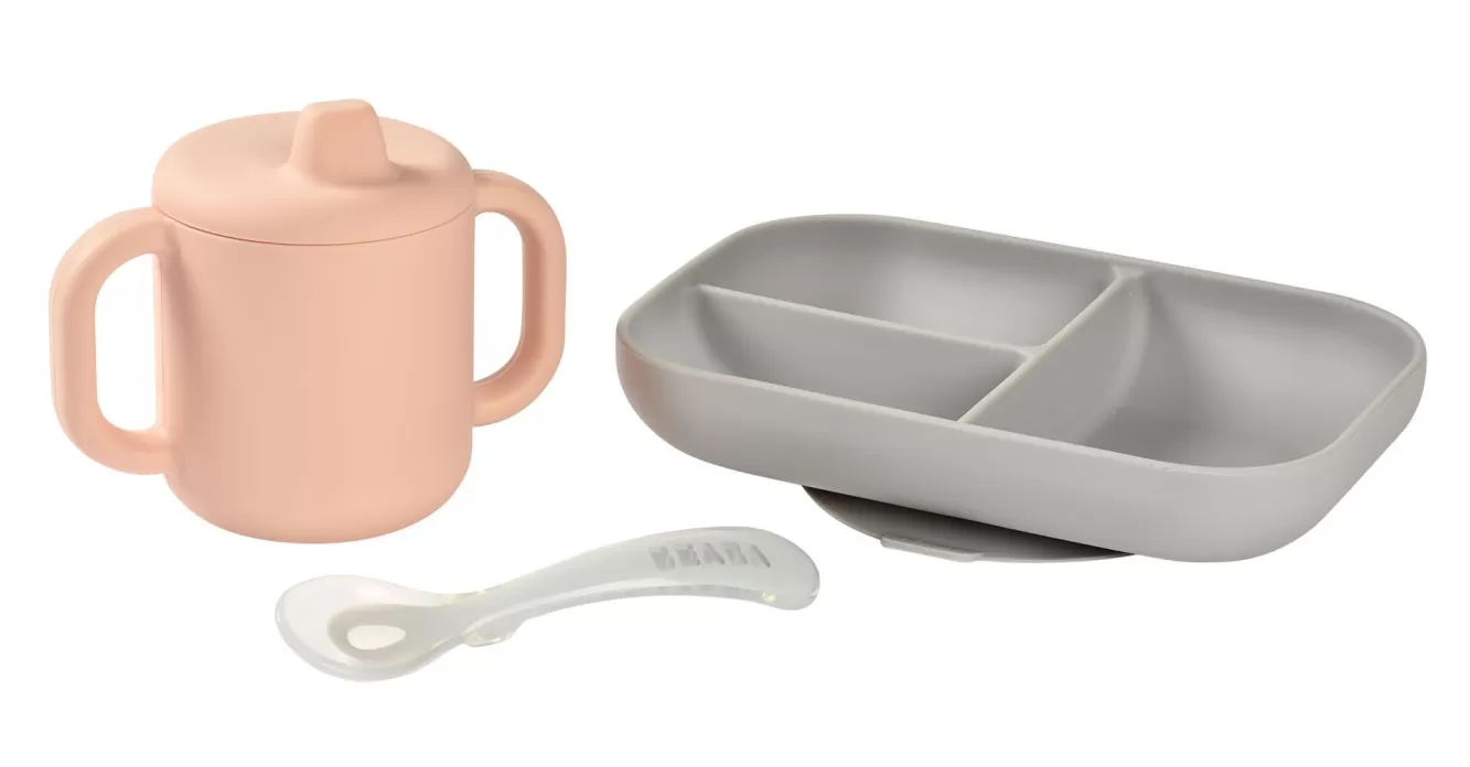 BÉABA Couverts, Vaisselle Et Bavoirs-Coffret D'Apprentissage Silicone + Tasse Pink