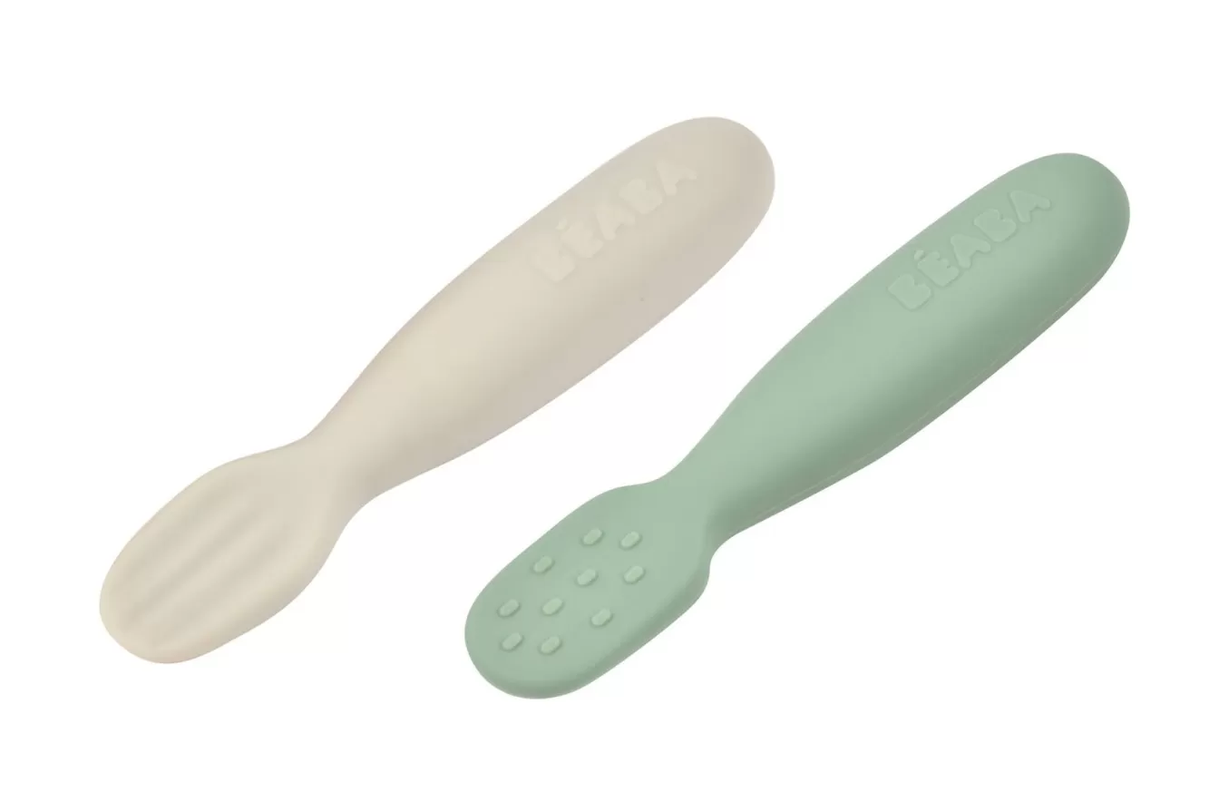 BÉABA Couverts, Vaisselle Et Bavoirs-Lot De 2 Pre-Cuillere Silicone Sage Green / Velvet Grey